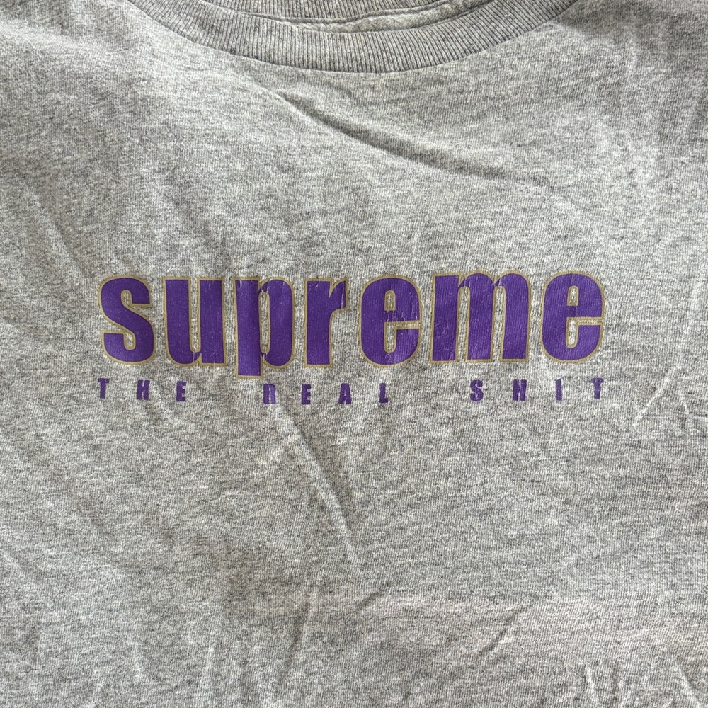 Supreme Heather Gray Tee with Purple Text - Picture 2 of 5